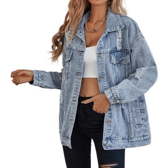 Women's Long Oversized Denim Jacket Ripped Distressed Jean Jackets Light Blue - Picture 3 of 3